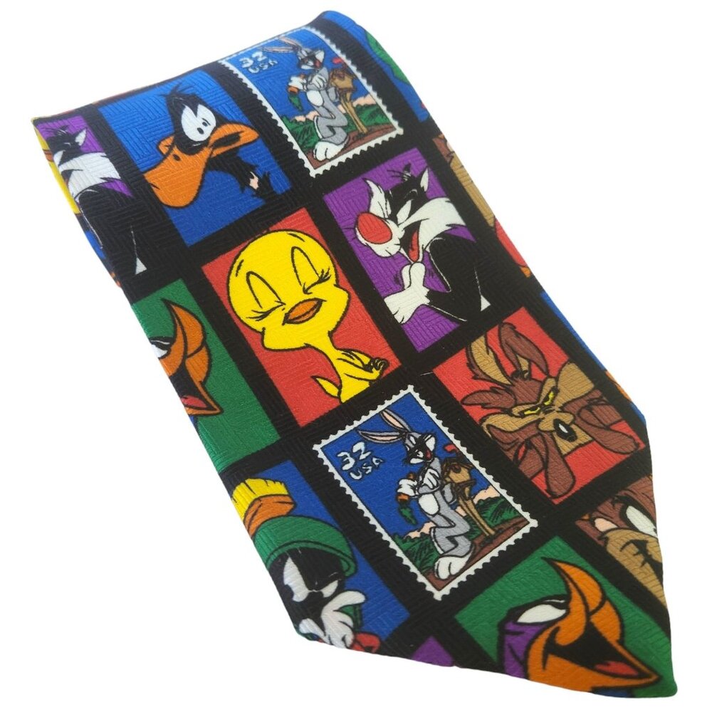 Looney Tunes Postage Stamp Silk Necktie Tweety Roadrunner Cartoon Novelty Tie